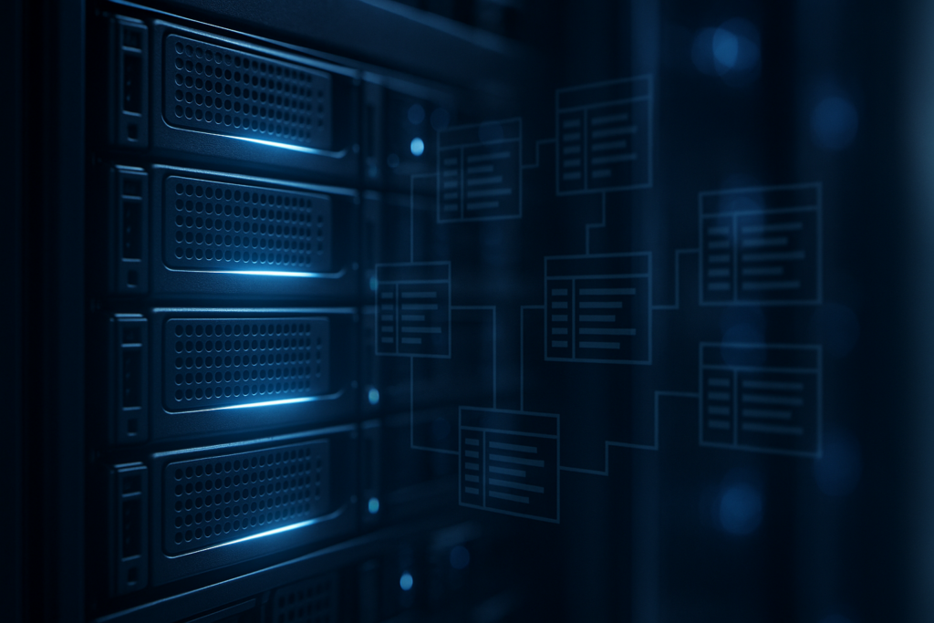 Rack de serveurs avec optimisation de la base de données et du stockage dans un environnement d'hébergement moderne