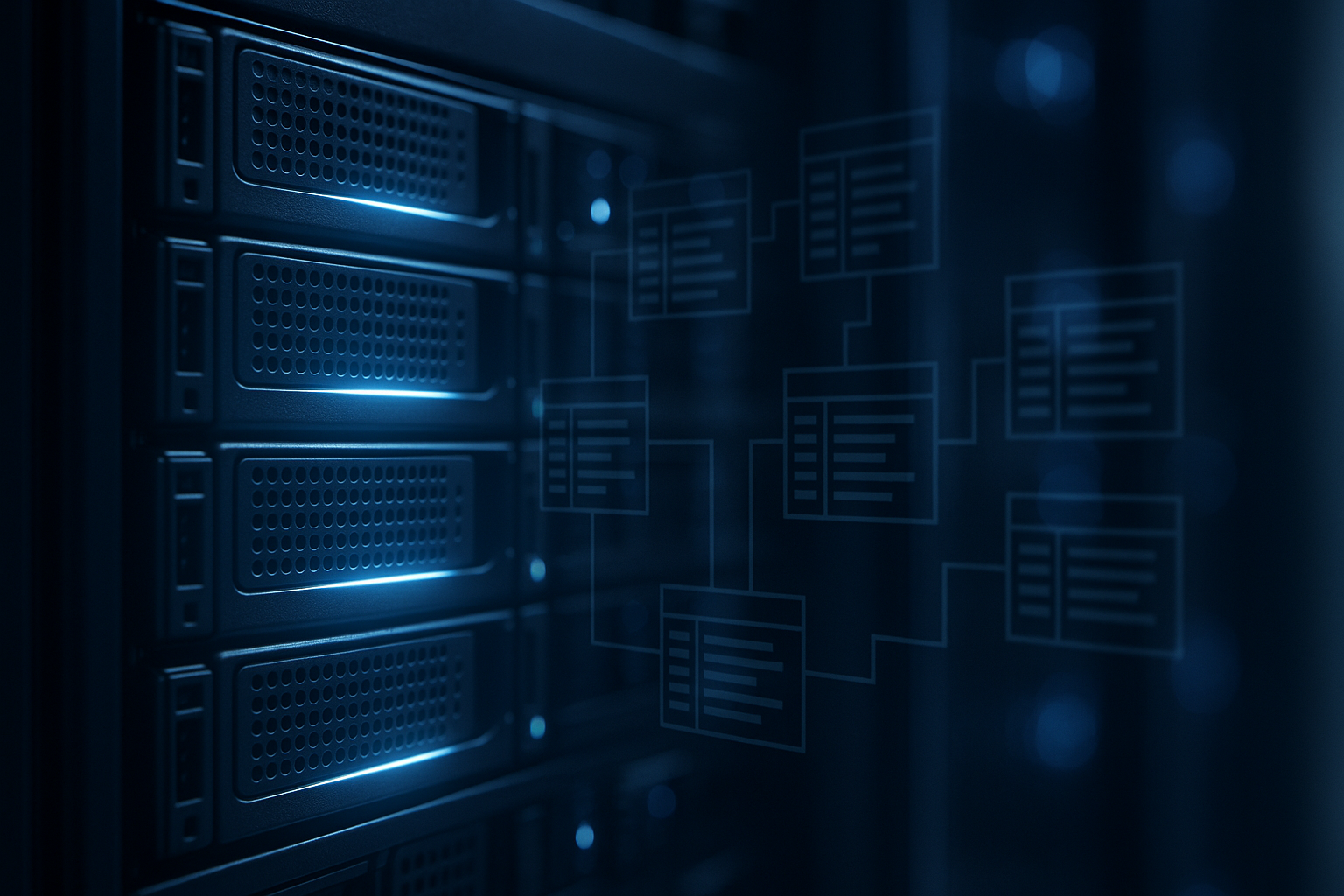 Rack de serveurs avec optimisation de la base de données et du stockage dans un environnement d'hébergement moderne