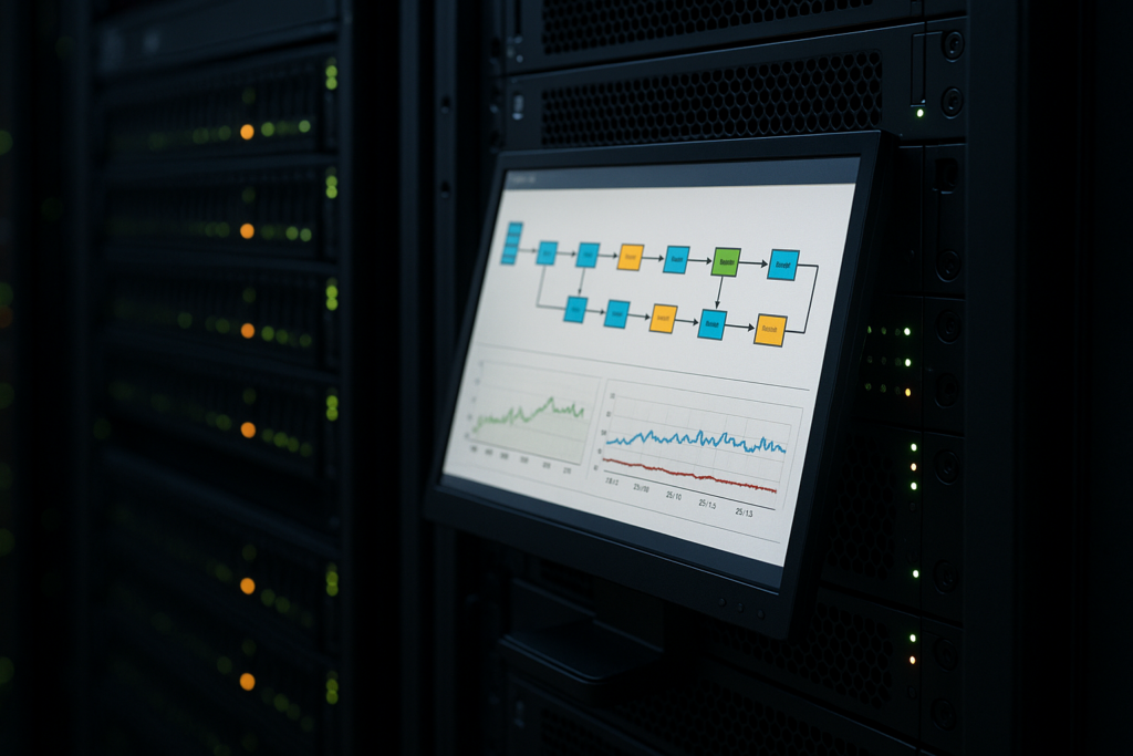 Salle des serveurs avec moniteur affichant un plan d'exécution SQL