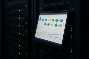 Salle des serveurs avec moniteur affichant un plan d'exécution SQL