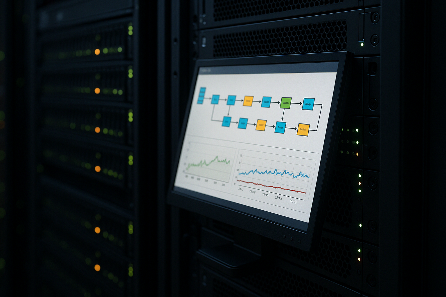 Salle des serveurs avec moniteur affichant un plan d'exécution SQL