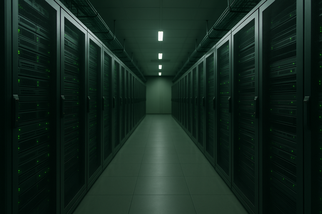 Racks de serveurs à haute efficacité énergétique dans un centre de données moderne avec éclairage vert