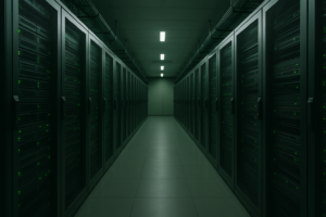Racks de serveurs à haute efficacité énergétique dans un centre de données moderne avec éclairage vert