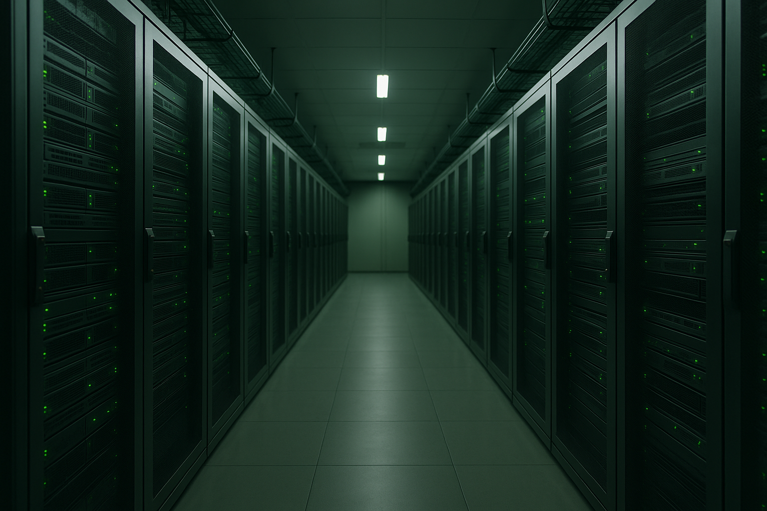 Racks de serveurs à haute efficacité énergétique dans un centre de données moderne avec éclairage vert
