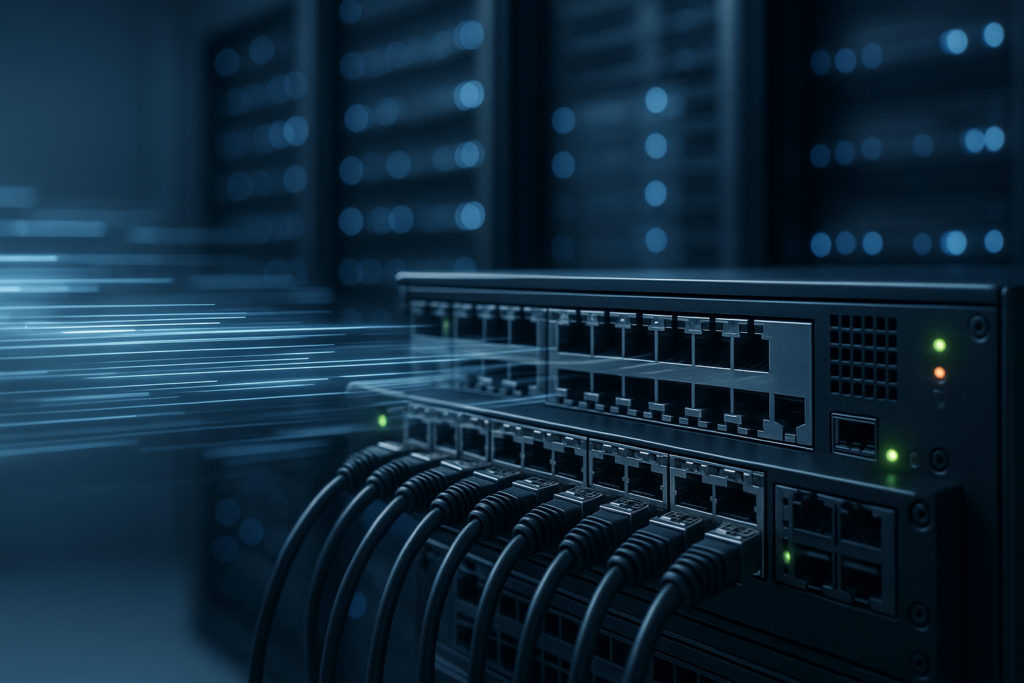 Les racks de serveurs dans un centre de données symbolisent les requêtes conditionnelles HTTP et la validation de la mémoire cache.
