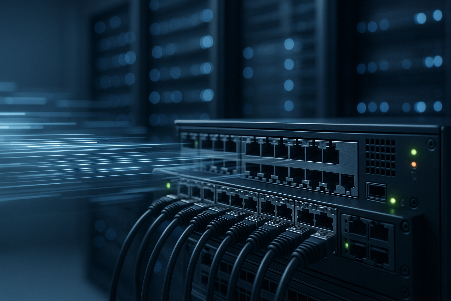 Les racks de serveurs dans un centre de données symbolisent les requêtes conditionnelles HTTP et la validation de la mémoire cache.