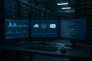 Salle de serveurs avec tableaux de bord de surveillance des files d'attente de messagerie
