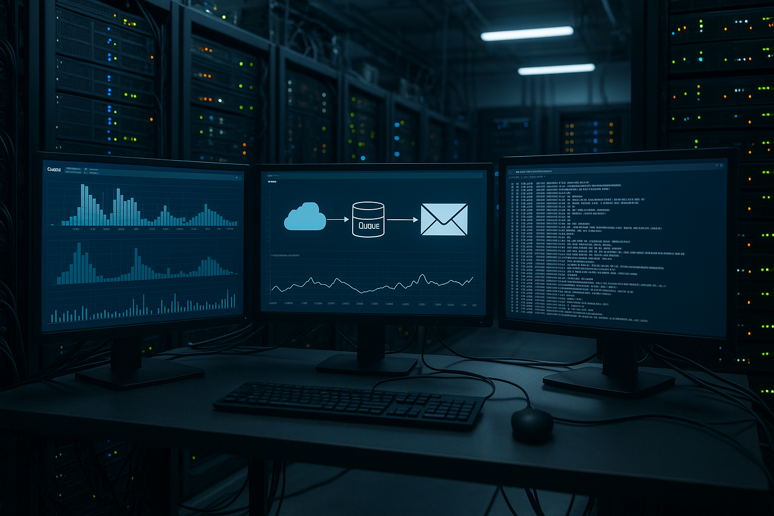 Salle de serveurs avec tableaux de bord de surveillance des files d'attente de messagerie