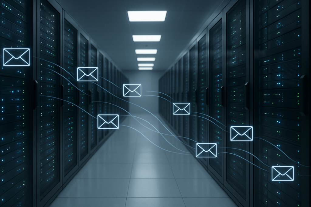 Centre de calcul avec racks de serveurs de messagerie pour une exploitation de messagerie à sécurité intégrée