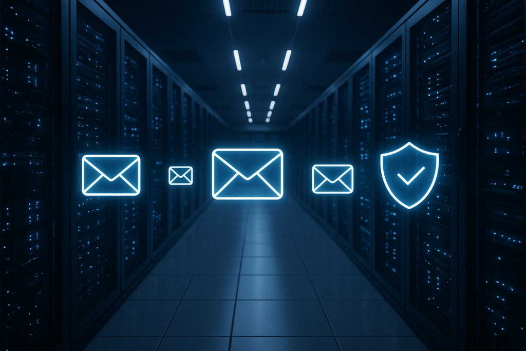 Serveur de messagerie moderne avec fonctions de sécurité SPF et DMARC visualisées