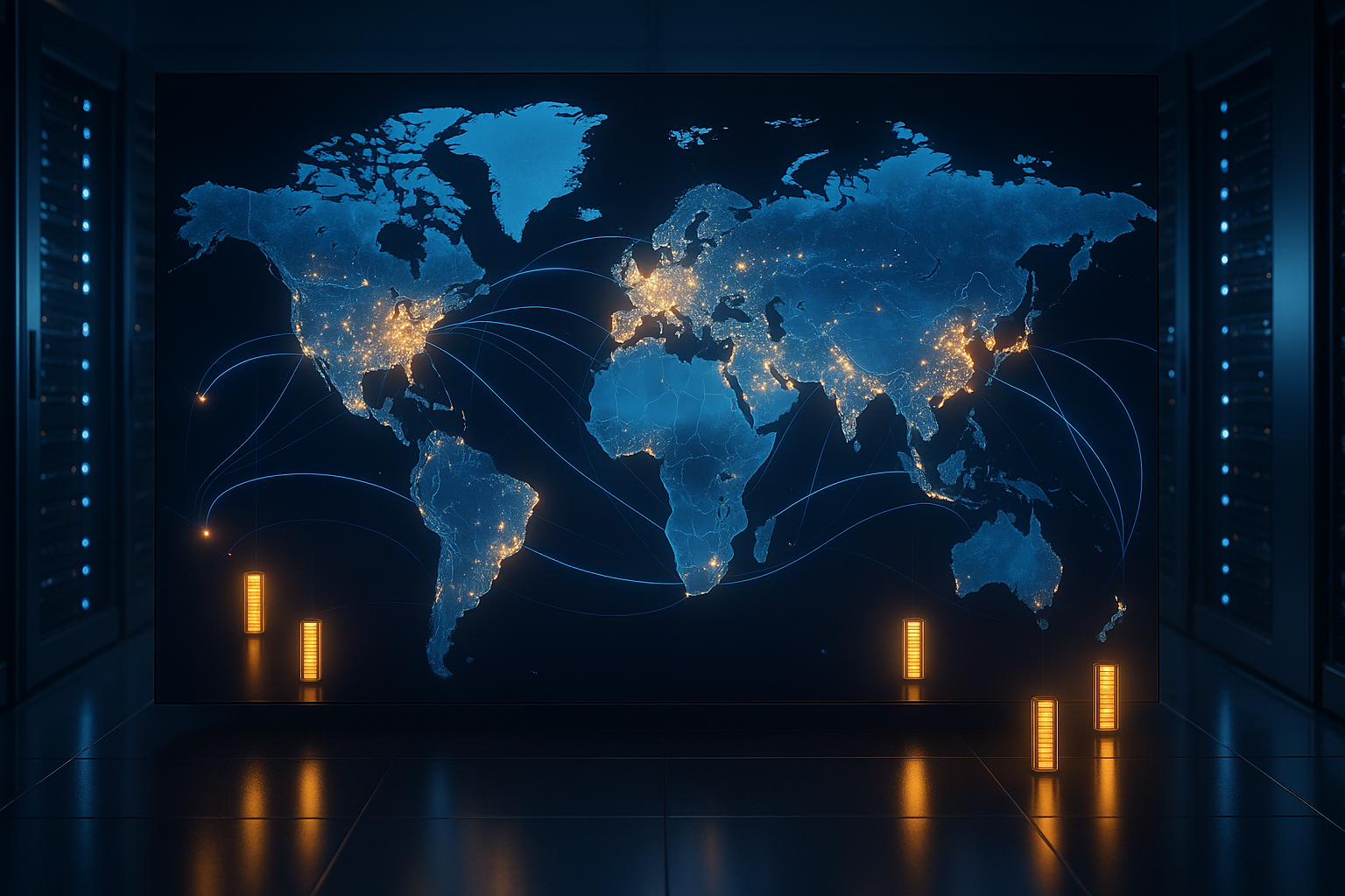 Carte du monde photoréaliste avec serveurs d'hébergement multirégionaux et flux de données mondiaux