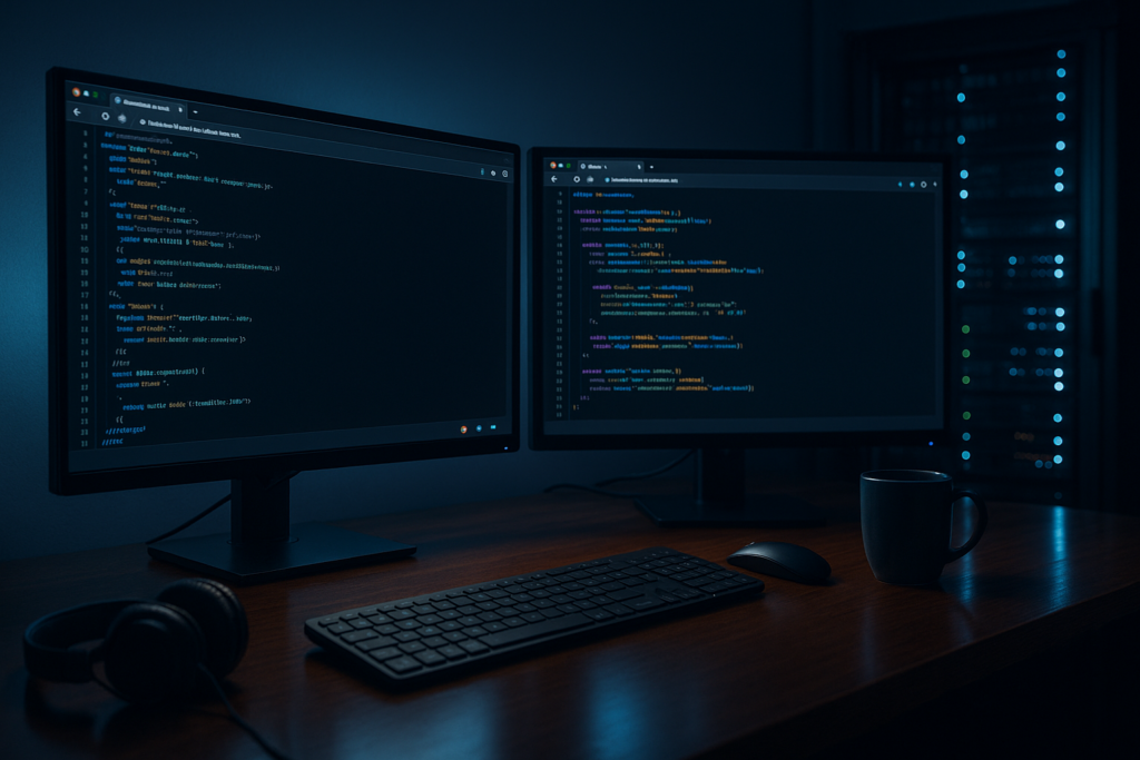 Un développeur travaille sur une Progressive Web App avec Service Worker et une configuration d'hébergement