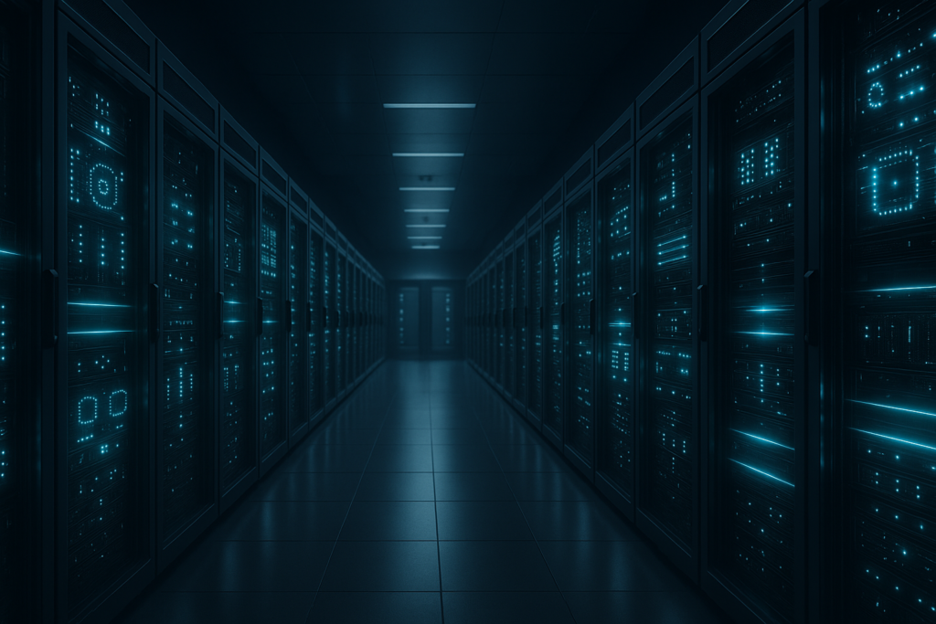 Salle de serveurs ultramoderne avec racks éclairés et connexions réseau