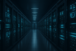 Salle de serveurs ultramoderne avec racks éclairés et connexions réseau