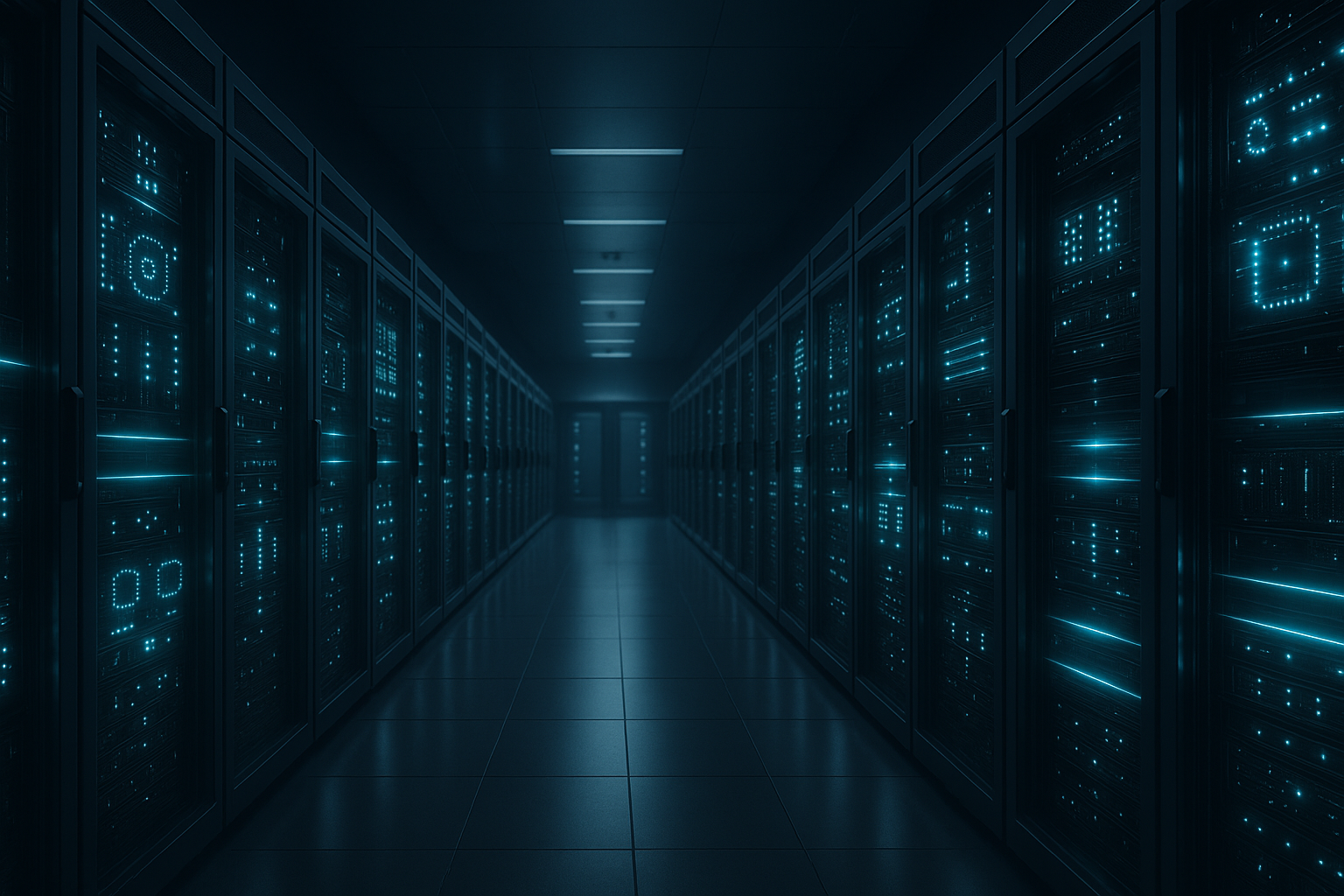 Salle de serveurs ultramoderne avec racks éclairés et connexions réseau