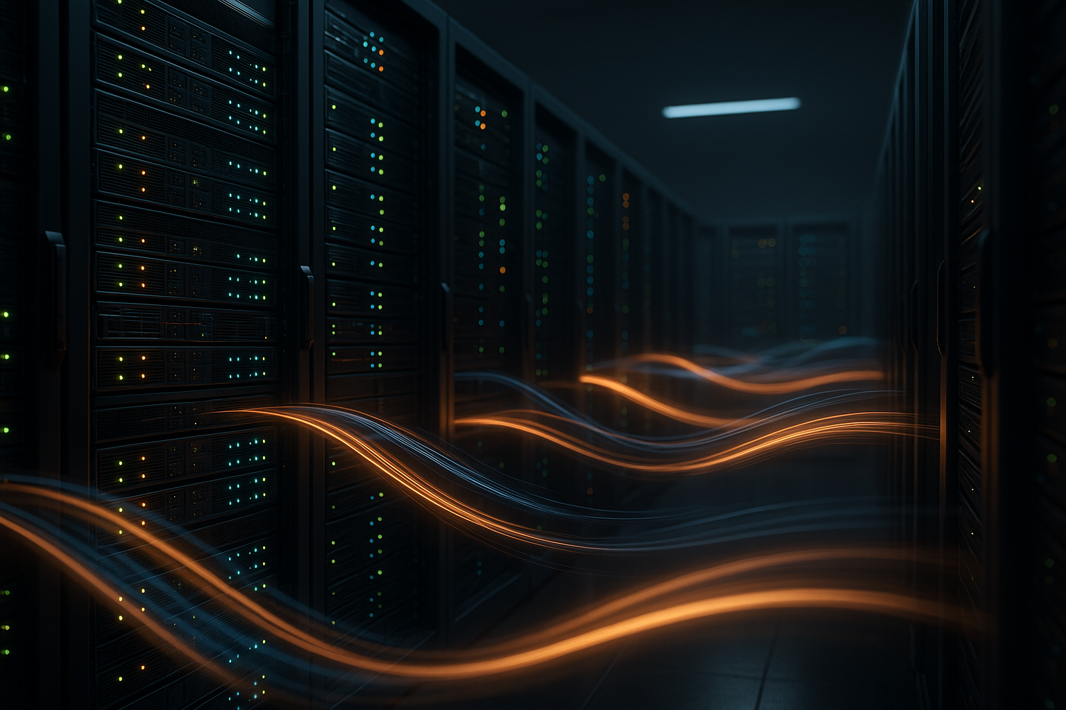 Racks de serveurs dans un centre de données avec répartition dynamique visualisée de la RAM