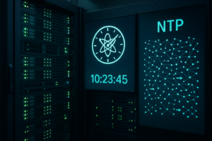 Rack de serveurs avec synchronisation de l'heure NTP et systèmes en réseau dans un centre de données moderne