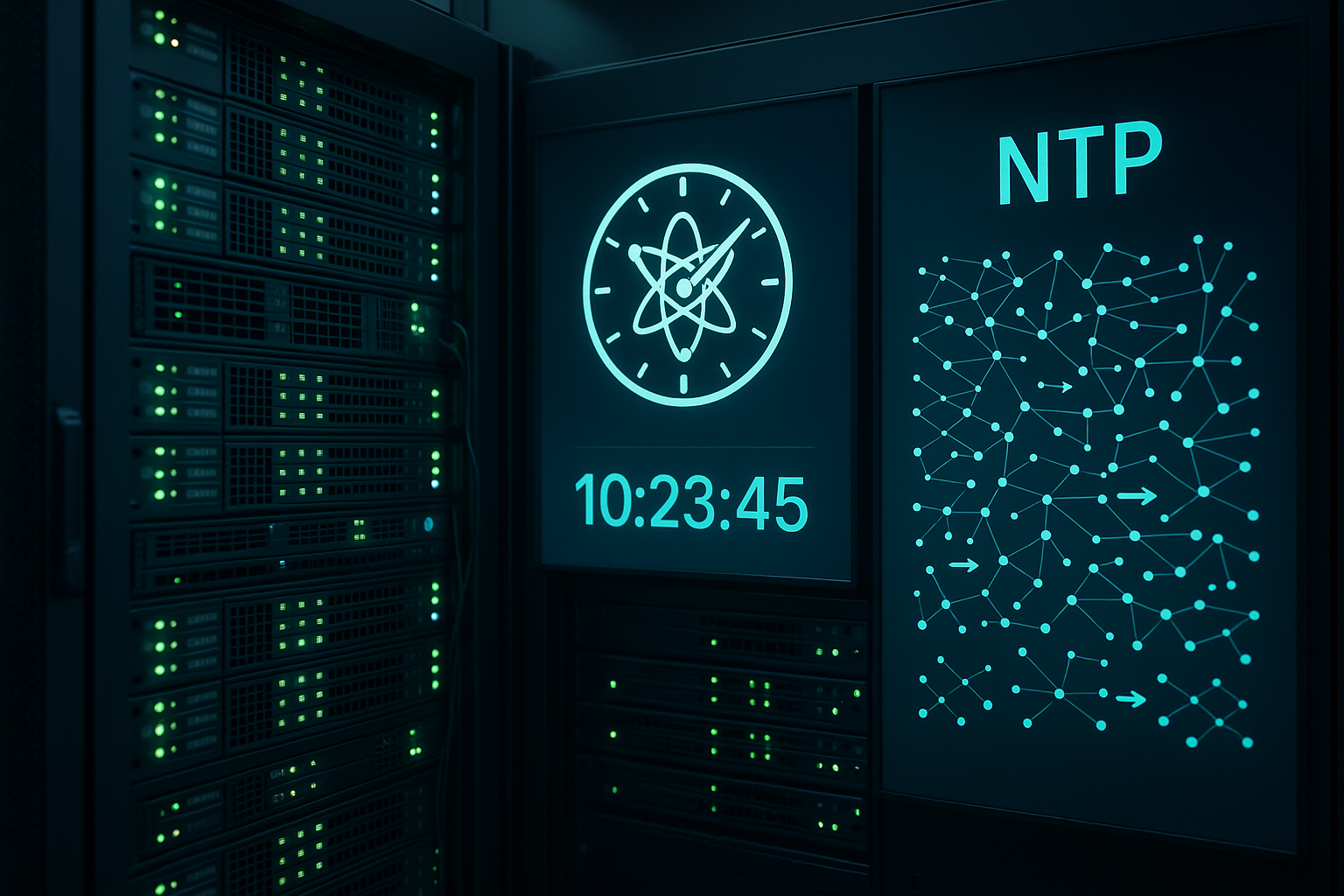 Rack de serveurs avec synchronisation de l'heure NTP et systèmes en réseau dans un centre de données moderne