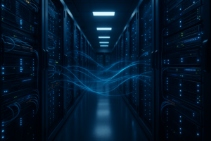 Centre de données avec des serveurs en rack modernes et un câblage réseau pour optimiser le débit TCP