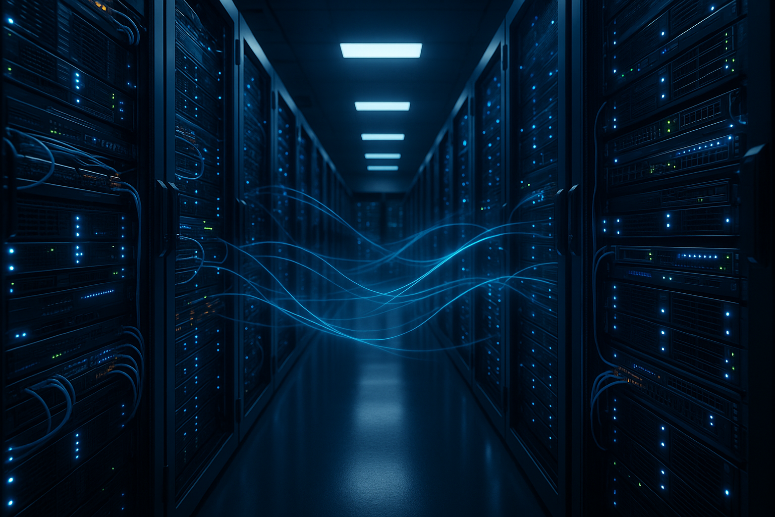 Centre de données avec des serveurs en rack modernes et un câblage réseau pour optimiser le débit TCP