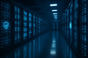 Centre de calcul moderne avec racks de serveurs éclairés et infrastructure TLS sécurisée