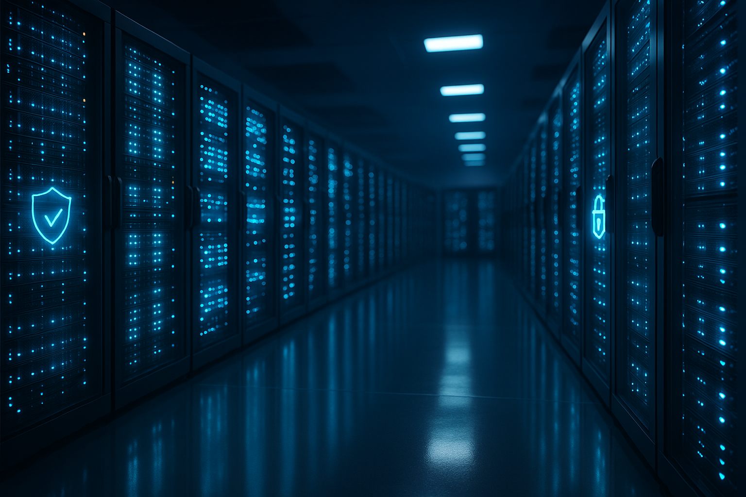Centre de calcul moderne avec racks de serveurs éclairés et infrastructure TLS sécurisée