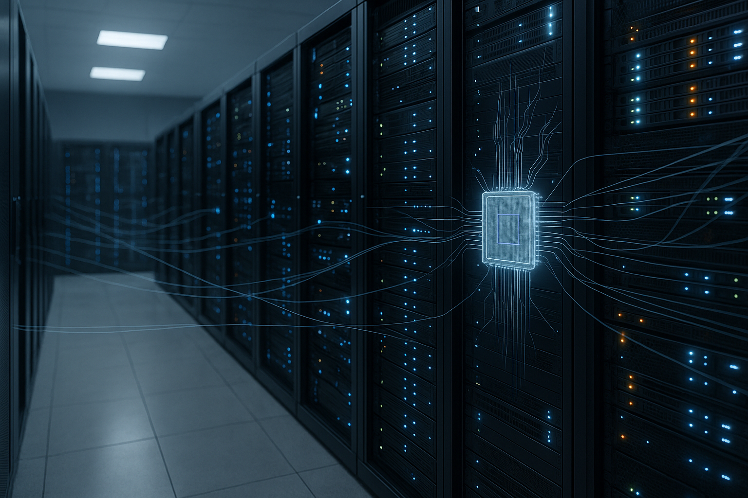 Centre de données avec racks de serveurs et processus CPU visualisés