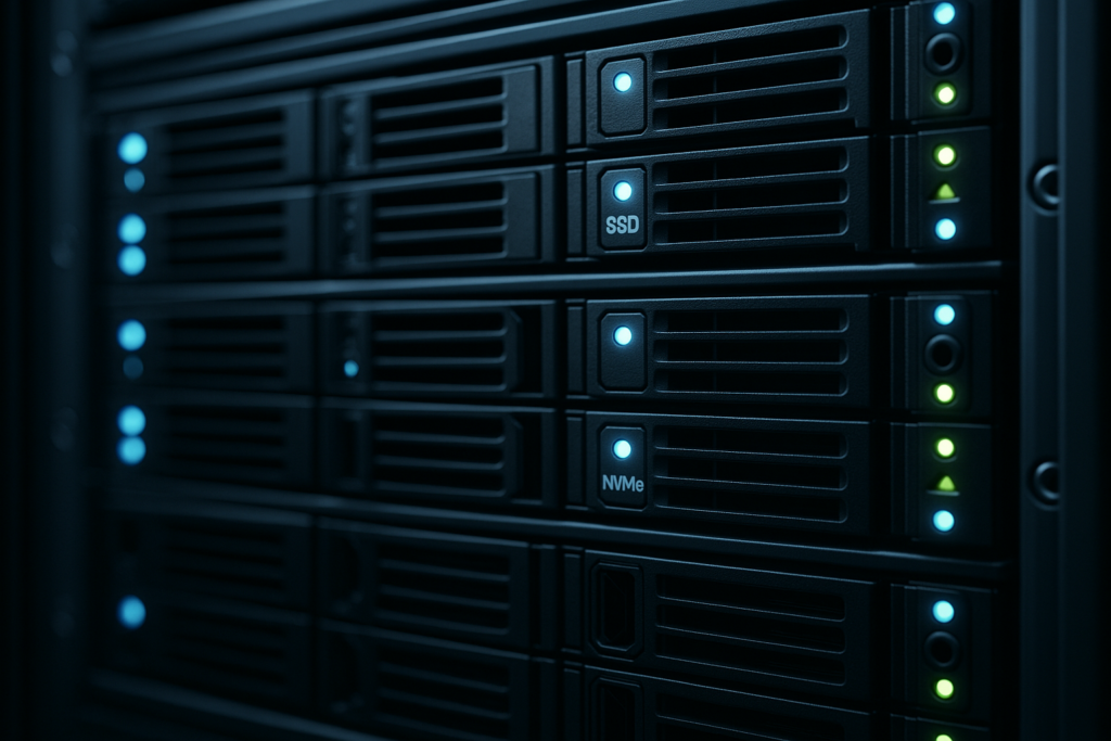 Rack de serveurs avec stockage SSD dans un centre de données moderne