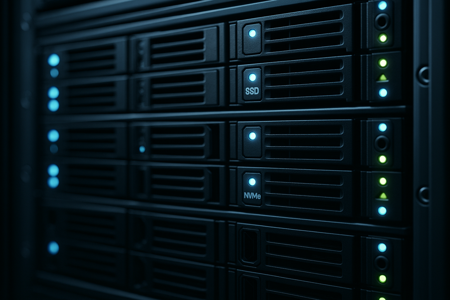 Rack de serveurs avec stockage SSD dans un centre de données moderne