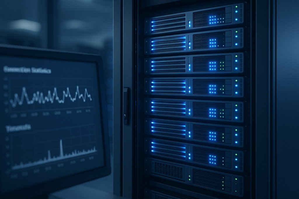 Centre de calcul avec serveurs de base de données et surveillance des délais de connexion