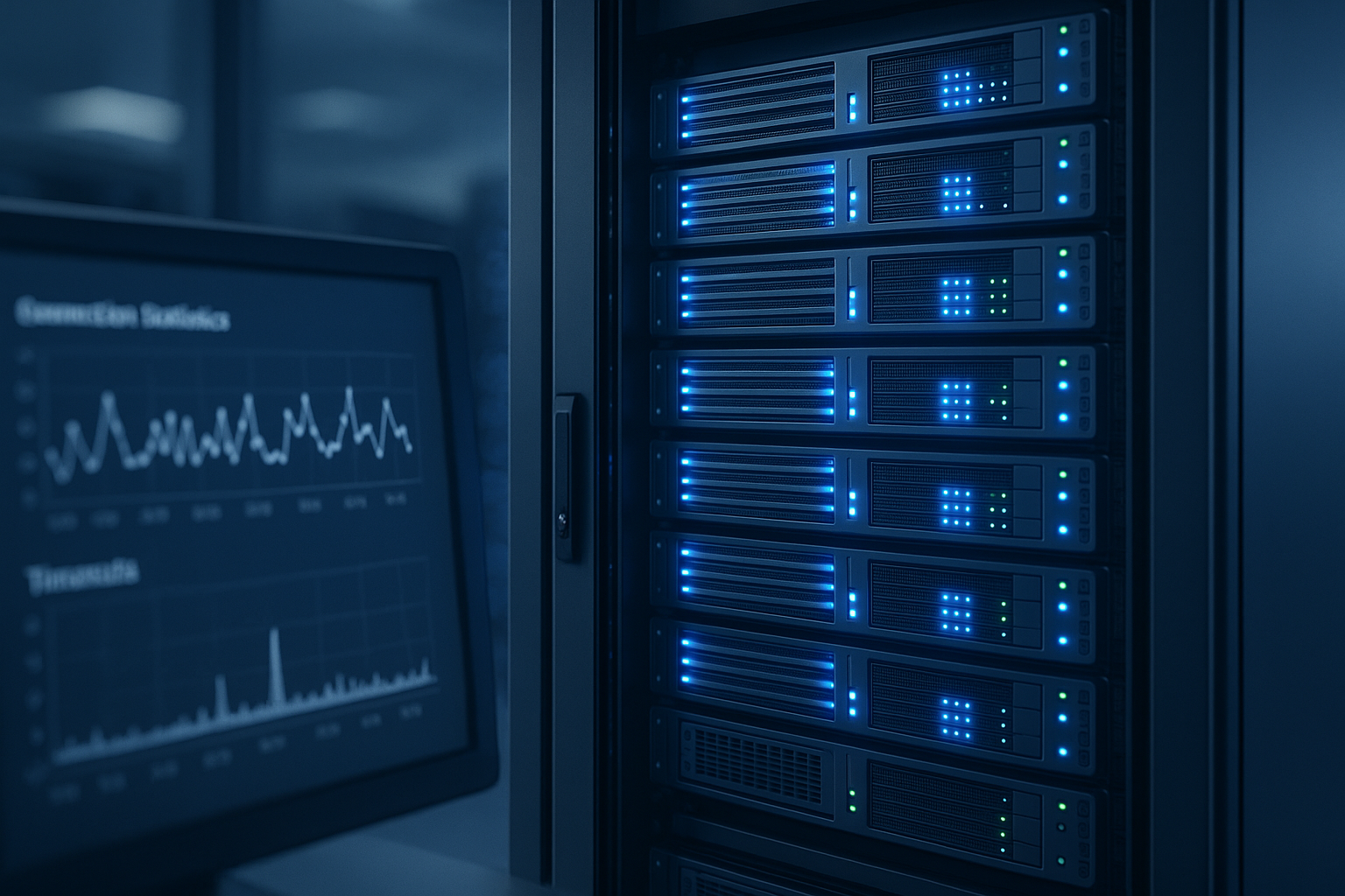 Centre de calcul avec serveurs de base de données et surveillance des délais de connexion