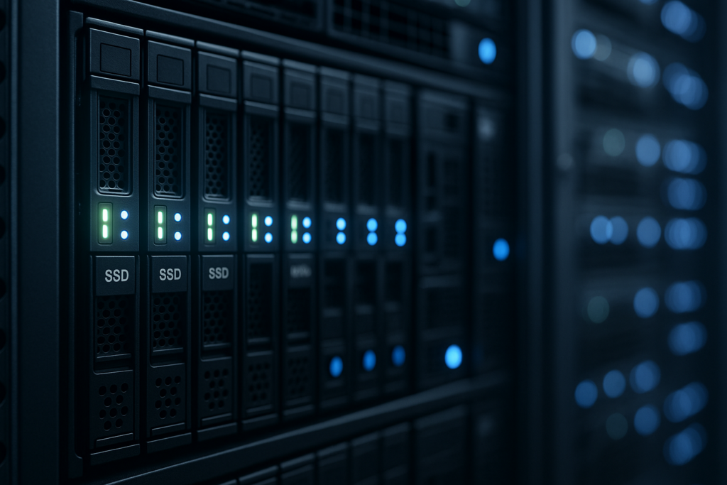 Rack de serveurs équipé d'un stockage SSD rapide pour les fichiers WAL de bases de données dans un environnement d'hébergement moderne