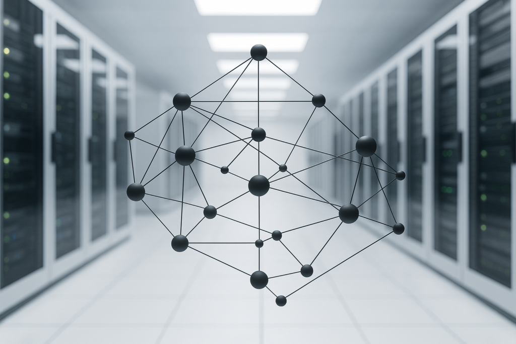 Représentation photoréaliste d'une structure DNS complexe comprenant des serveurs et des connexions