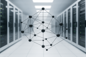 Représentation photoréaliste d'une structure DNS complexe comprenant des serveurs et des connexions