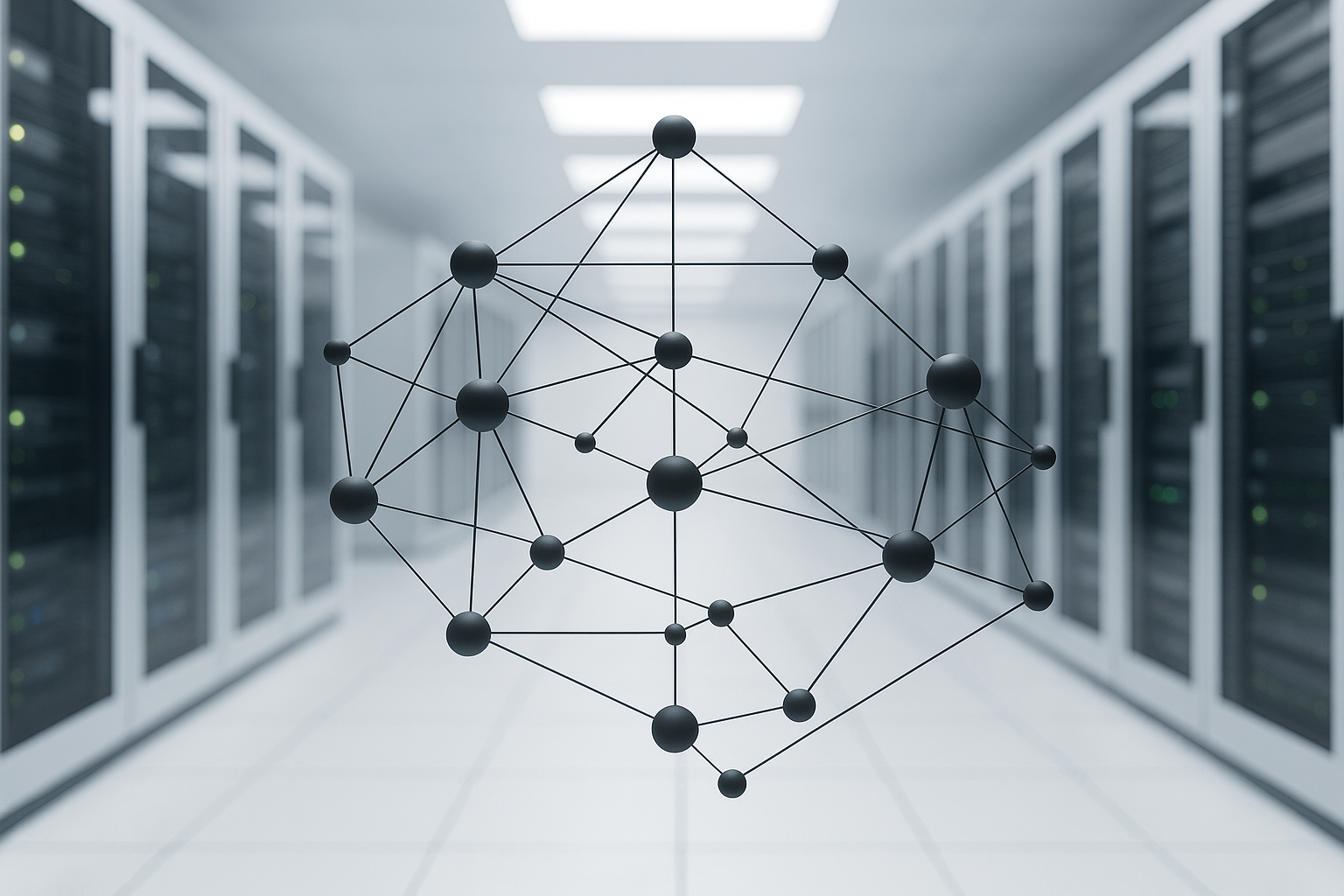 Représentation photoréaliste d'une structure DNS complexe comprenant des serveurs et des connexions