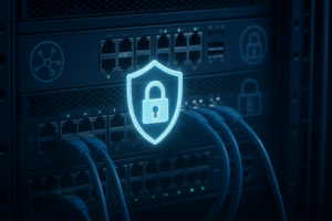 Rack de serveur avec matériel réseau et icône de sécurité DNS abstraite