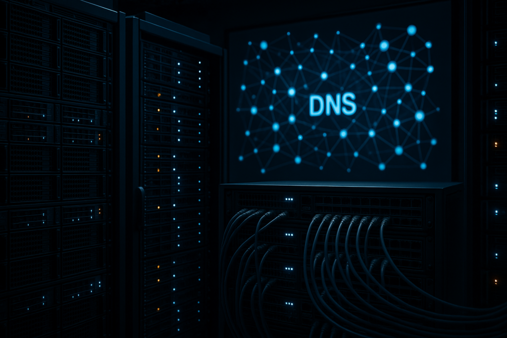 Centre de données avec racks de serveurs et réseau DNS visualisé
