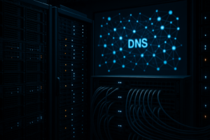 Centre de données avec racks de serveurs et réseau DNS visualisé