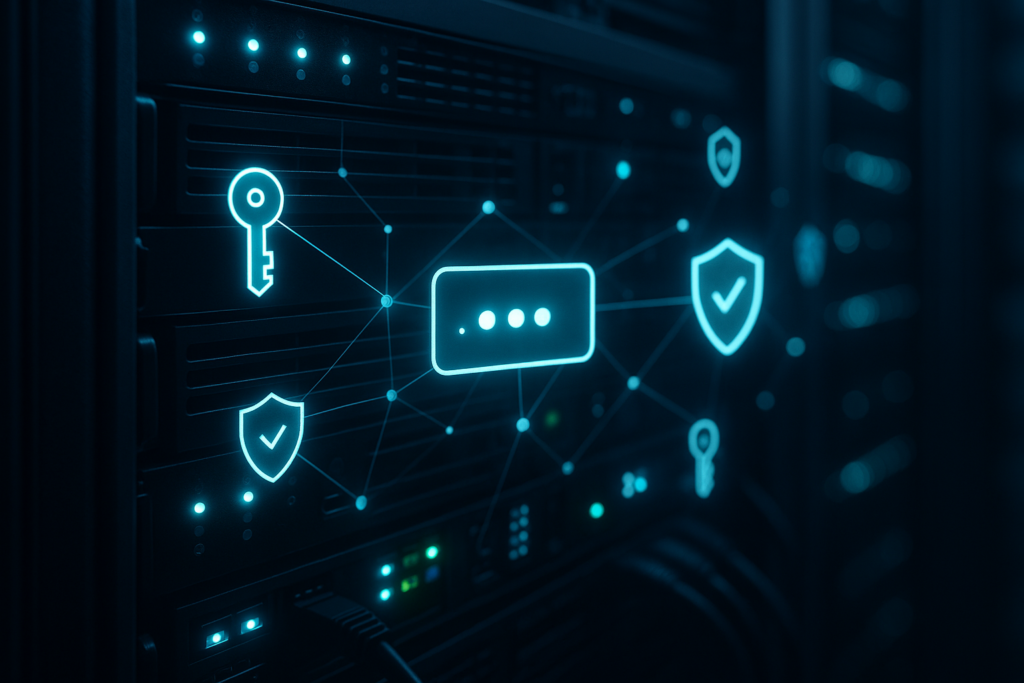 Serveur de centre de données avec affichage des clés DNSSEC et des connexions sécurisées