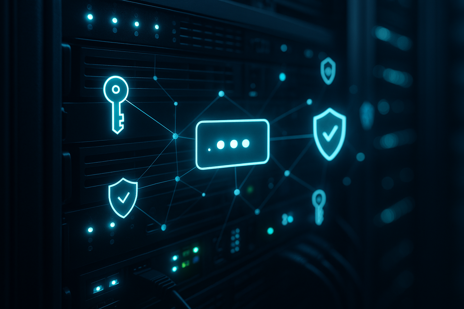 Serveur de centre de données avec affichage des clés DNSSEC et des connexions sécurisées