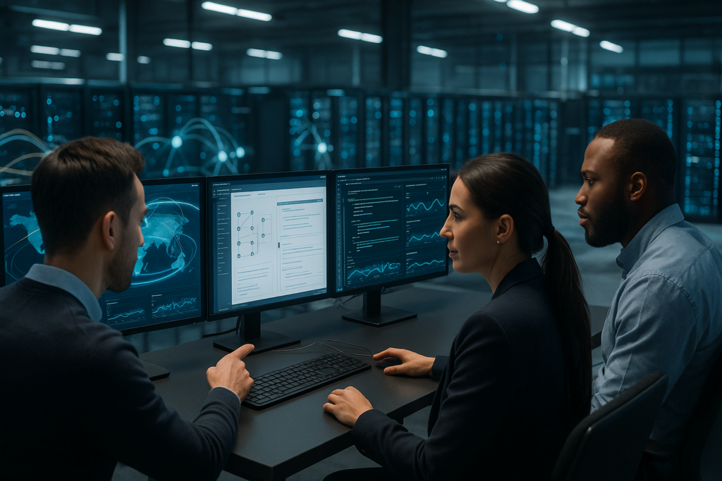 Salle de serveurs avec équipe de développeurs et configuration de collaboration en temps réel