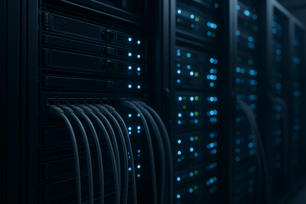 Racks de serveurs avec câblage réseau dans un centre de données moderne