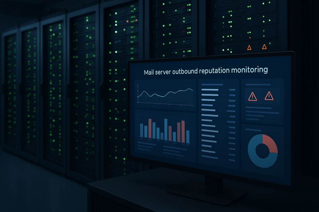 Salle de serveurs avec moniteur pour surveiller la réputation sortante des serveurs de messagerie dans l'hébergement web