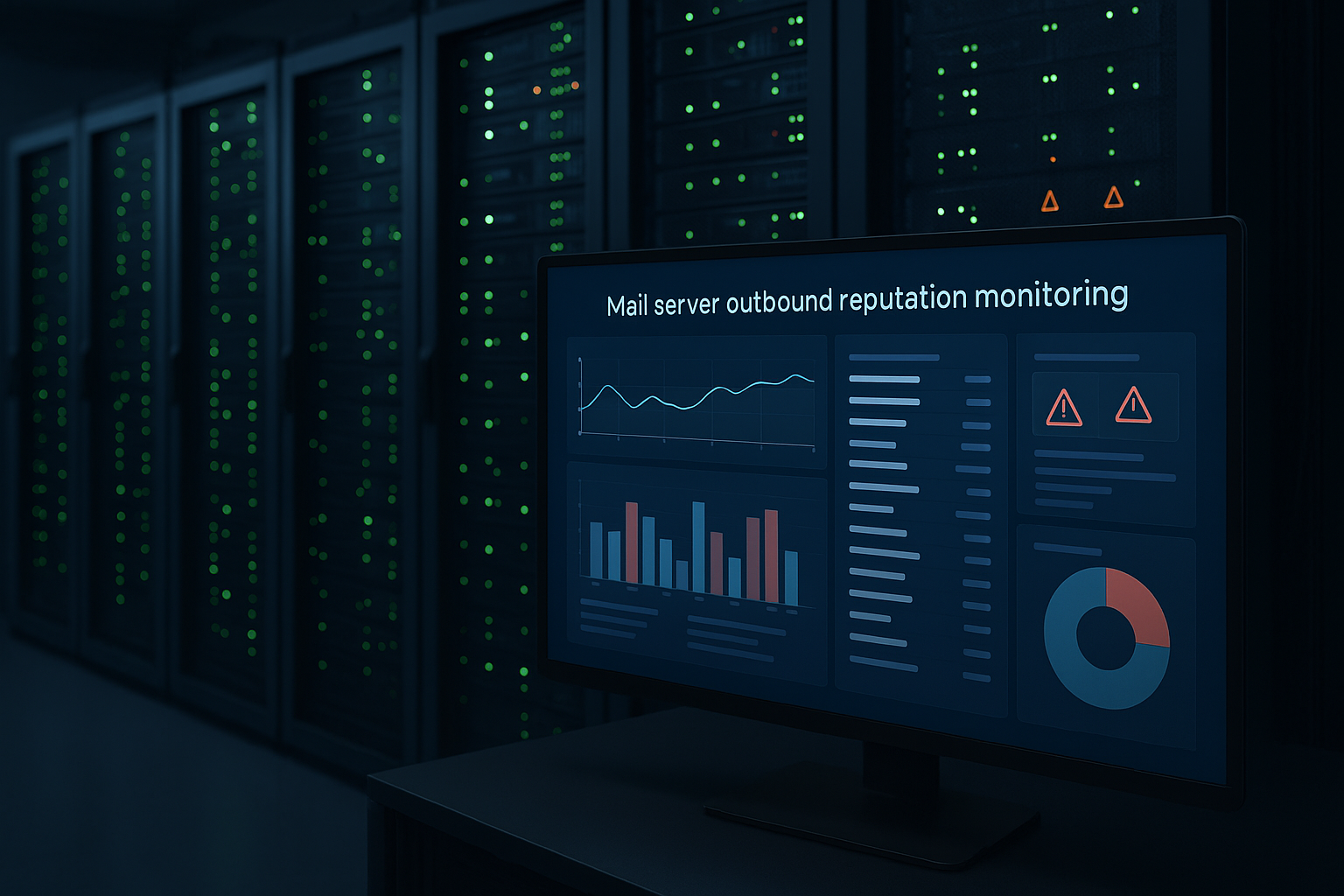 Salle de serveurs avec moniteur pour surveiller la réputation sortante des serveurs de messagerie dans l'hébergement web