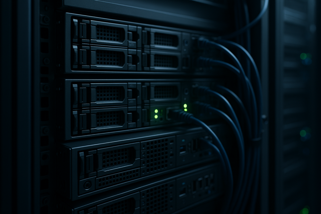 Rack de serveurs de messagerie dans un centre de données moderne avec focalisation sur la file d'attente d'e-mails et la logique de livraison