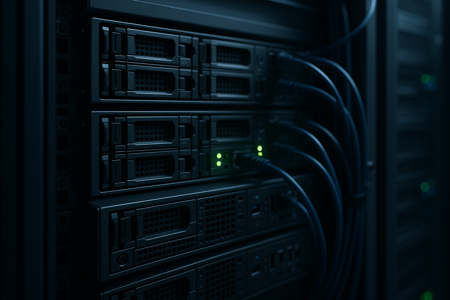 Rack de serveurs de messagerie dans un centre de données moderne avec focalisation sur la file d'attente d'e-mails et la logique de livraison