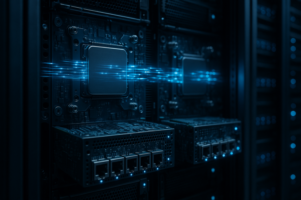 CPU de serveur et carte réseau dans un centre de données avec flux de données visualisés