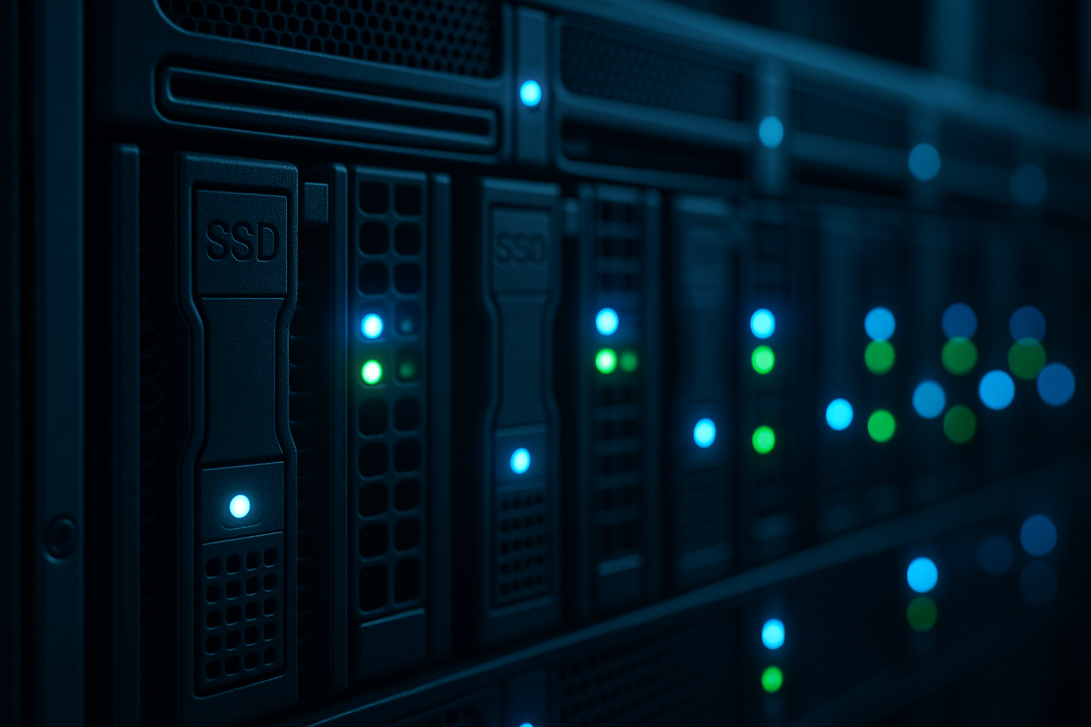 Rack de serveurs avec stockage SSD dans un centre de données pour un hébergement sécurisé