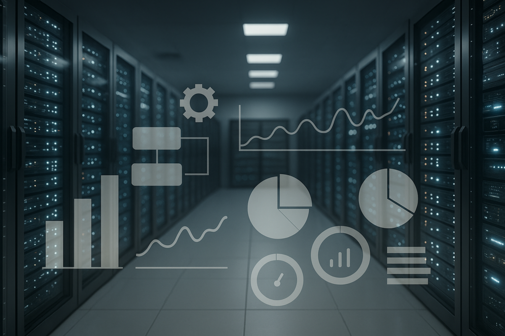 Salle de serveurs moderne avec visualisation des indicateurs de processus et de ressources