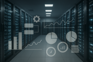 Salle de serveurs moderne avec visualisation des indicateurs de processus et de ressources